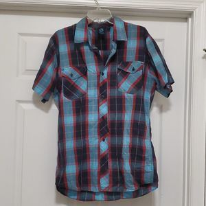 7Burnside red & blue plaid button down shirt L